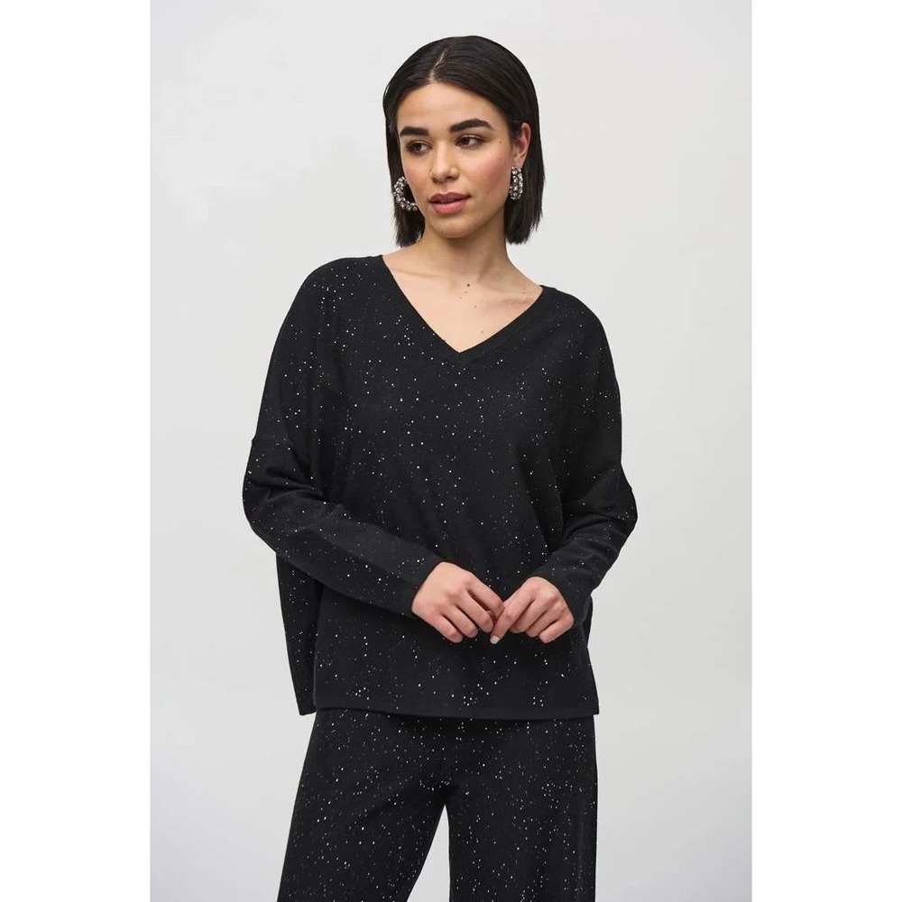 Joseph Ribkoff Sequined Sweater Knit Boxy Top Black V-Neck Sparkle size XS